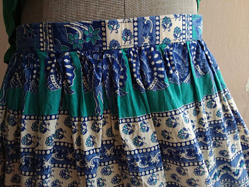 80s Indian Cotton Skirt Peacock Camel Block Print Skirt Blue Green 25 Waist XS Petite Bohemian Skirt image 4