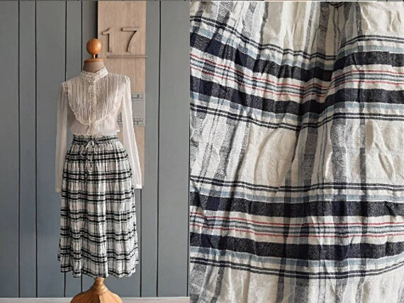 90s Tartan Check Pure Cotton Skirt - Elastic Wais… - image 1