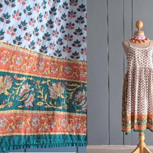 Set of Cotton Sundress and Pom Pom Choker - M - 90s Spaghetti Strap Indian Gauze Cotton - Floral Paisley Block Print Summer Sun Dress