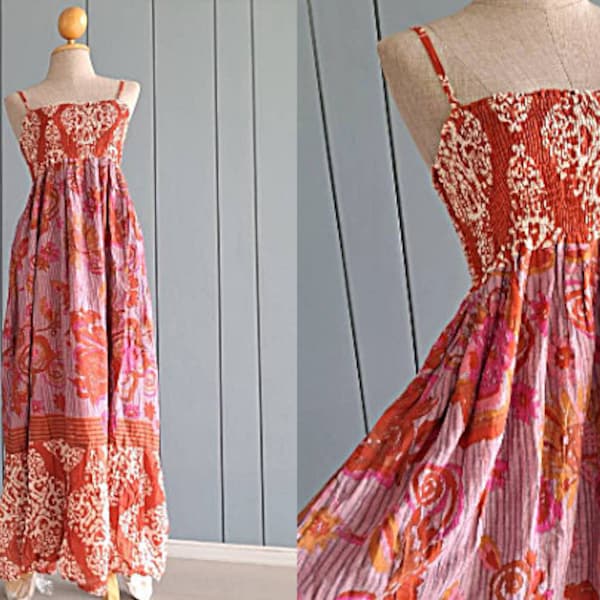 Bohemian Indian Gauze Cotton Smocked Bodice Sleeveless Summer Long Maxi Dress