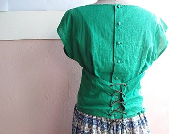 70s Cotton Blouse - Green Linen Cotton Blend Top - Japanese Vintage - Size Small