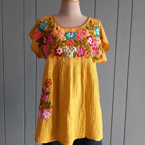 M - Boho Summer Holiday Super Soft Cotton Blouse - Hand Embroidery Top - Bright Mustard Yellow Blouse