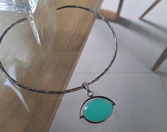 Modernist Thai Silver Choker with Two-Sided Round Pendant - Blue Turquoise & Mother of Pearl Shell Necklace - Gift for Her Gift Sea Lovers