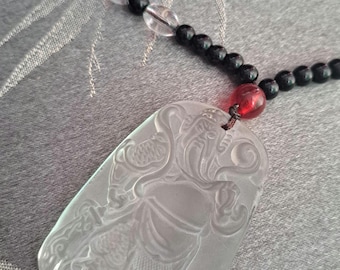 Guan Yu Glass Pendant Necklace – Chinese Warrior Symbol, 28" Beaded Chain