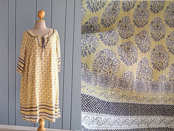 L - 90s Indian Cotton Gauze Tunic Dress - Paisley… - image 1