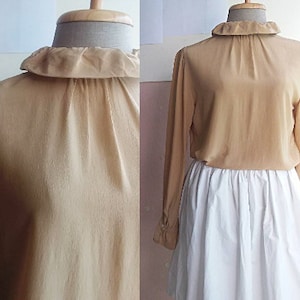 S - M - Vintage Pure Silk Beige Blouse -  Ruffle High Neck Crepe de Chine Silk Blouse - Made in France