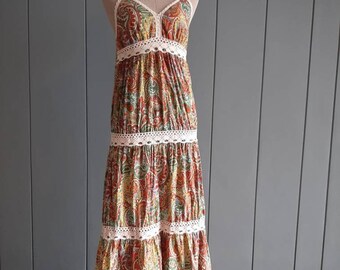 S - Vestido veraniego bohemio de algodón con estampado paisley - Vestido veraniego de algodón - Vestido bohemio de algodón de los años 80 - Tirantes ajustables - Vestido midi de verano