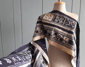 Vintage Tribal Hmong Batik Natural Hemp Fabric - Indigo Hand Dyed Authentic Batik 6.5 meter