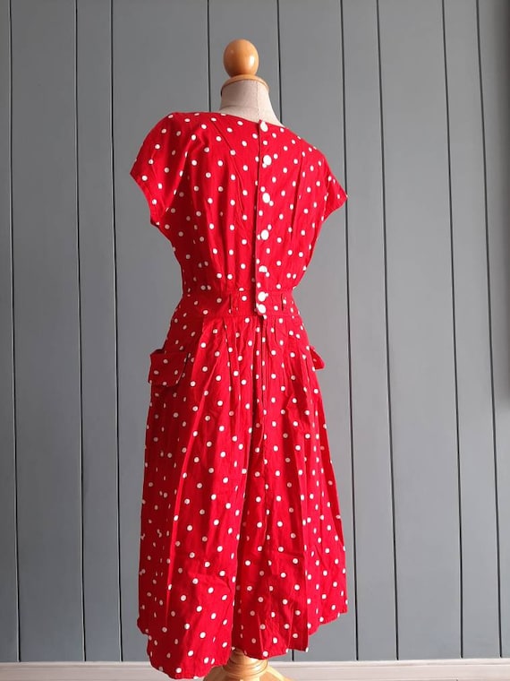 S - M - Red Polka Dot Dress - 70s Cotton Day Dress - Red
