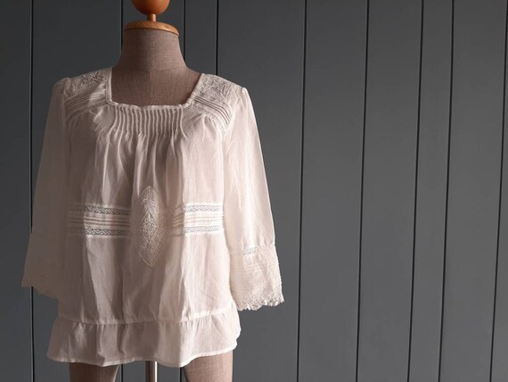 M - 90s Peasant Lace Blouse - Off White Blouse - S