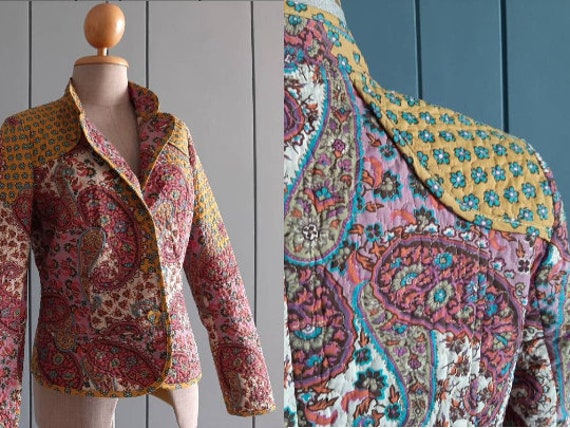 vintage 90s does 70s patchwork denim jacket // velvet floral paisley print  hippie //back patch jean jacket // womens large