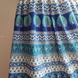 80s Indian Cotton Skirt Peacock Camel Block Print Skirt Blue Green 25 Waist XS Petite Bohemian Skirt image 3