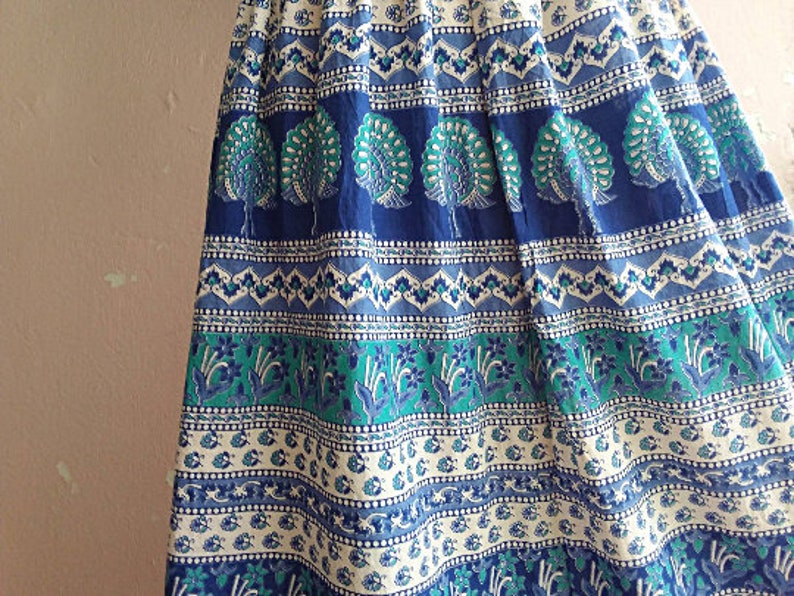 80s Indian Cotton Skirt Peacock Camel Block Print Skirt Blue Green 25 Waist XS Petite Bohemian Skirt image 3