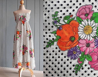 Bouquets of Flowers - Hippie Wedding Dress - 70s Boho Floral Maxi Bandeau Dress - Flower Bouquet Wedding