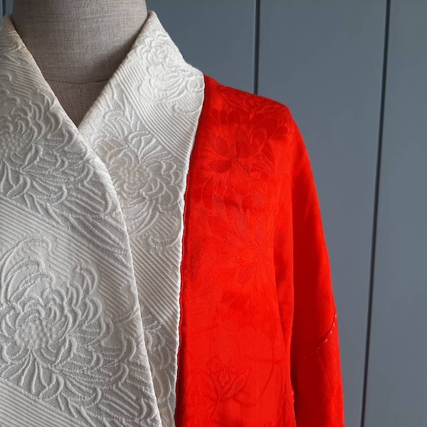 Red Silk Kimono Robe - Japanese Vintage - Free Size - Pure Silk Brocade - Crane Chrysanthemum - FREE SHIPPING with tracking number