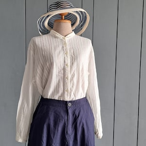 L - XL - Vintage White Cotton Shirt - Women Summer Blouse - 44&quot; Bust