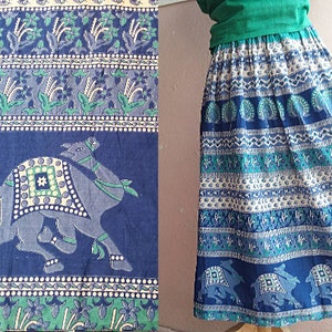 80s Indian Cotton Skirt Peacock Camel Block Print Skirt Blue Green 25 Waist XS Petite Bohemian Skirt image 1