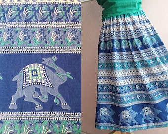 80s Indian Cotton Skirt - Peacock Camel Block Print Skirt - Blue Green - 25" Waist - XS Petite Bohemian Skirt