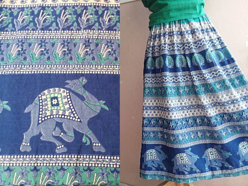 80s Indian Cotton Skirt Peacock Camel Block Print Skirt Blue Green 25 Waist XS Petite Bohemian Skirt image 1