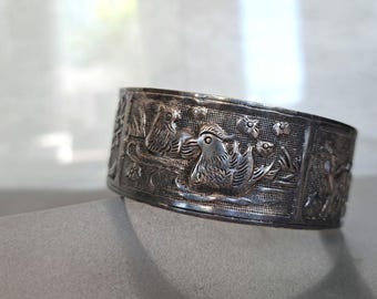 Antique Miao Silver Tone Metal Repoussé Bangle Bracelet – Mandarin Ducks, Double Happiness Symbol