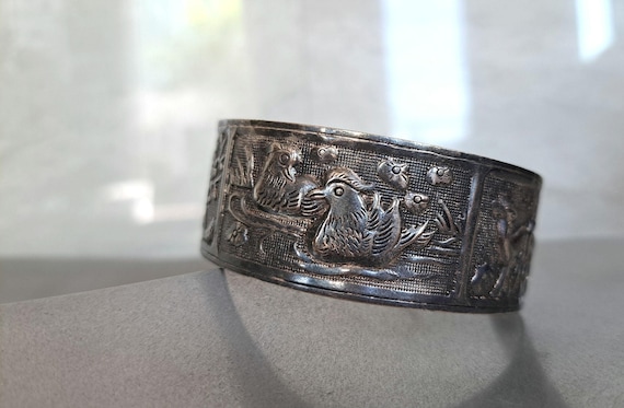 Antique Miao Silver Tone Metal Repoussé Bangle Bracelet – Mandarin Ducks, Double Happiness Symbol
