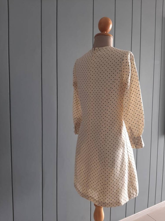 S - 70s Mod Polka Dot A-Line Dress - Ivory Black … - image 8