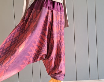 Thai Pants Free size Drop Croth Harem Unisex Silk Pants - Vintage Authentic Thai Ikat Handwoven Silk - Free Shipping  #SilkHaremPants