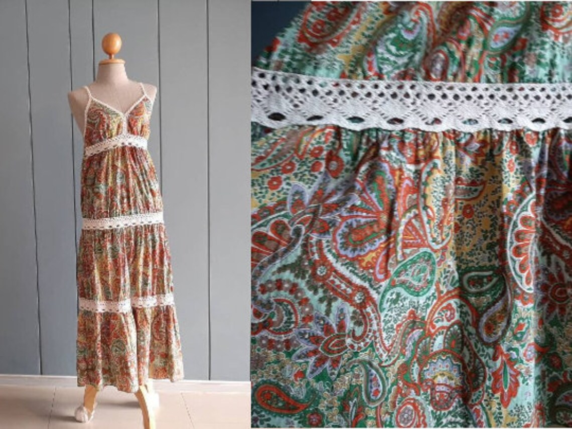 S Boho Hippie Cotton Midi Dress Hippie Cotton Sun Dress Etsy
