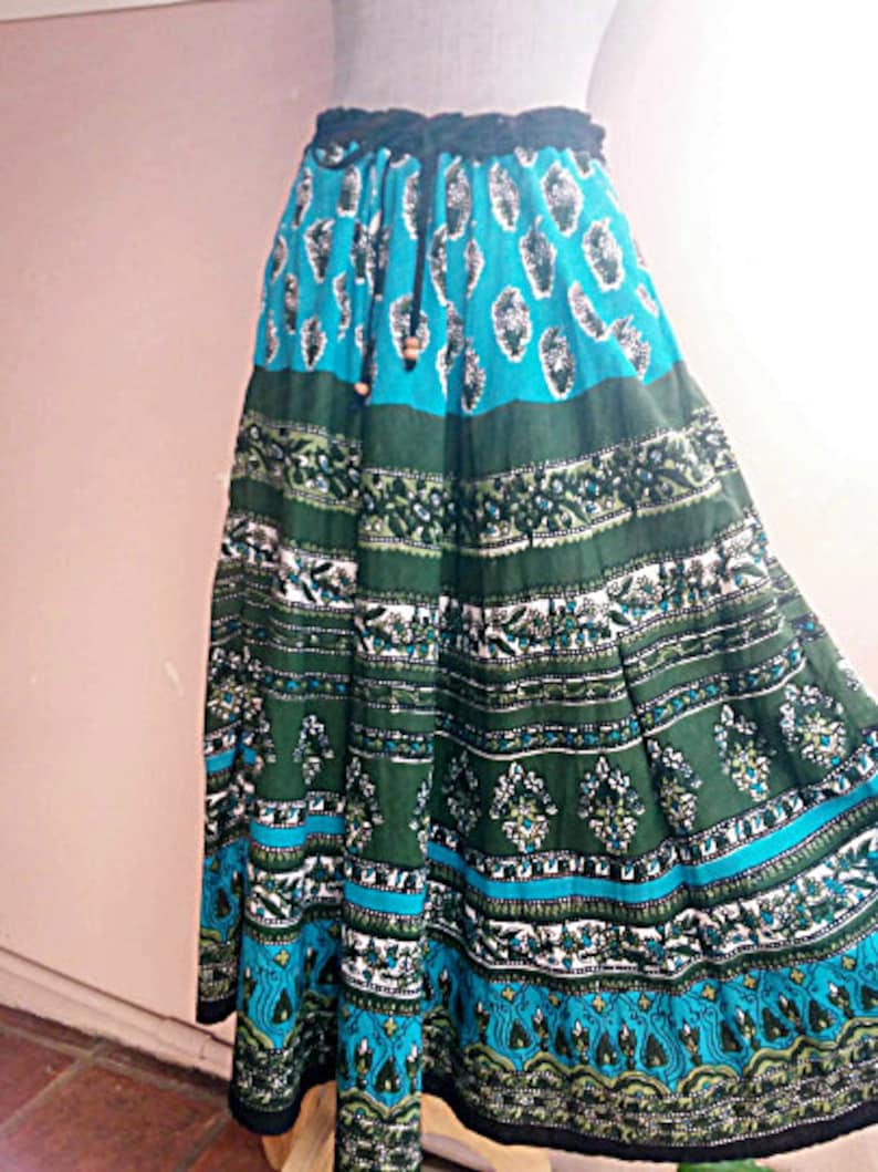 Indian Paisely Block Print Blue Green Skirt Free Size Free Shipping Gypsy Cotton Skirt Hippie Boho Indian Cotton Skirt