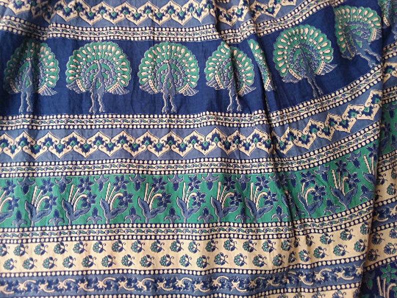 80s Indian Cotton Skirt Peacock Camel Block Print Skirt Blue Green 25 Waist XS Petite Bohemian Skirt image 5