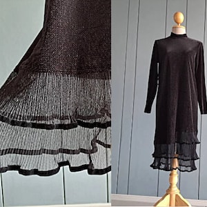 S - 90s Black Velvet Dress - Glitter Black Cocktail Evening Dress Plisse Pleat Hem