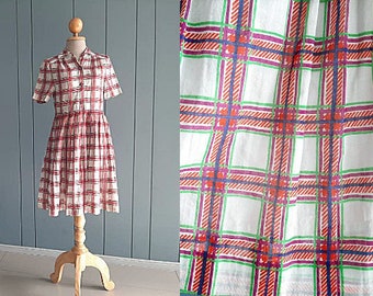 S - 90s Cotton Summer Day Dress - Tartan Plaid Print Shirt Dress - Holiday Plaid Dress