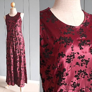 S - 90s Summer Evening Dress - Red Party Dress - Burgundy Red Shiny Maxi Dress - 34&quot; Bust
