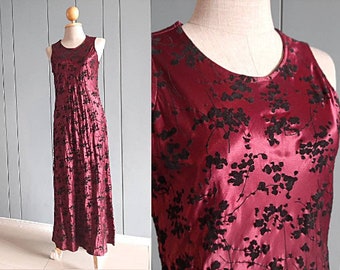 S - 90s Summer Evening Dress - Red Party Dress - Burgundy Red Shiny Maxi Dress - 34" Bust