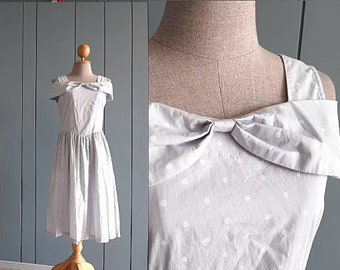 S - 70s Polka Dot Summer Cotton Dress - Pastel Blue White Romantic Dress - 28 inch waist S or Smaller M