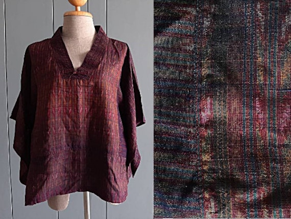 L - XL - 90s Silk Blouse Top - Ikat Thai Silk Wome