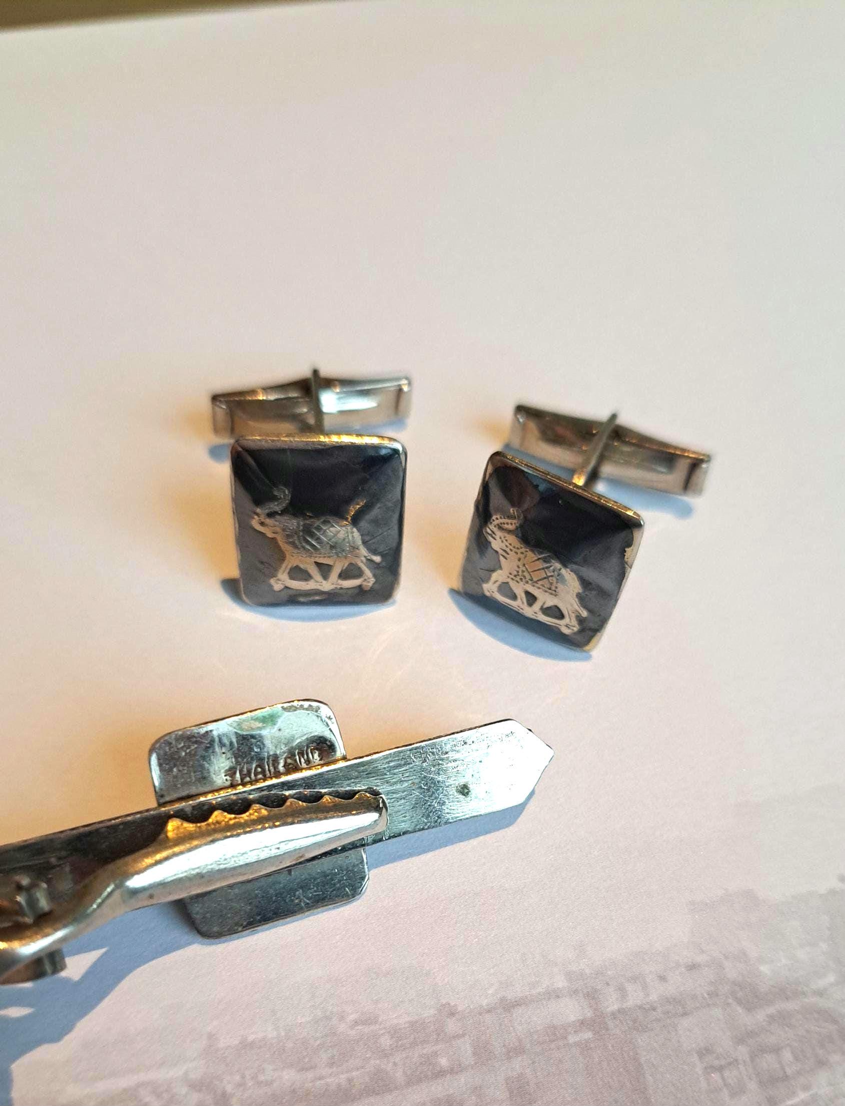Boutons De Manchette Et Fermoir Cravate éléphant De Siam - Argent Sterling Vintage - Bombay Bazaar