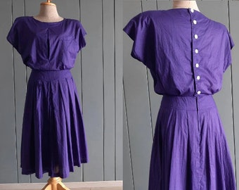 S - M - 70s Retro Cotton Dress - Japanese Vintage  Purple Dress - Cotton Minimalist Dress - Violet Purple Day Dress - 26" Waist
