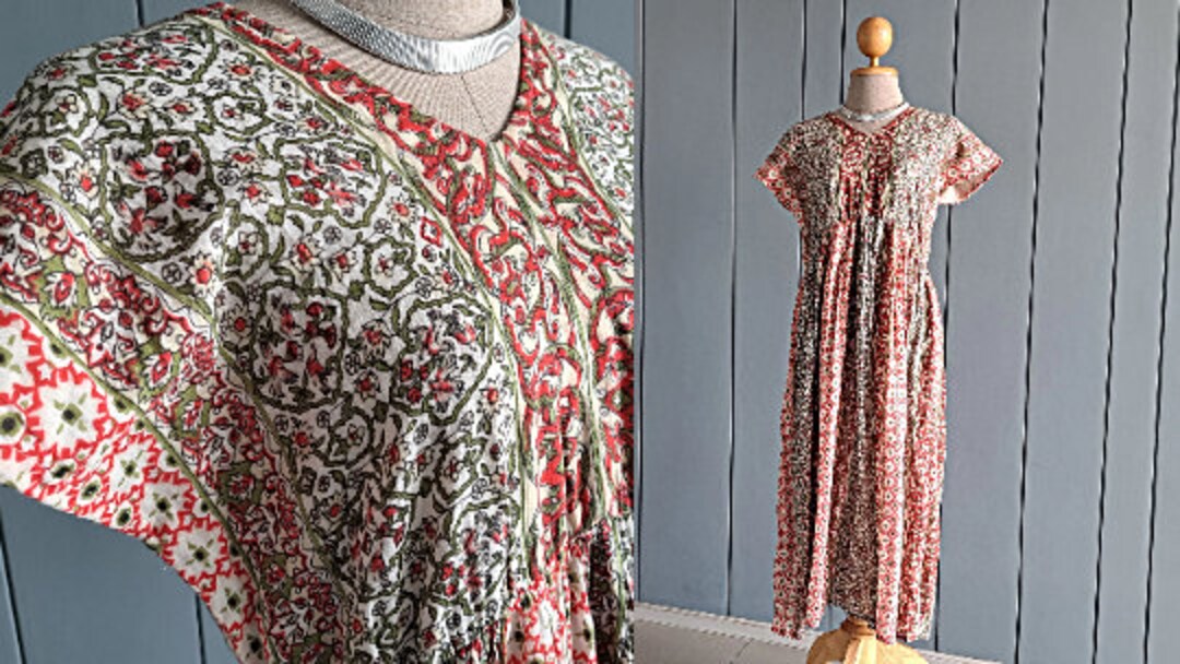 S Indian Cotton Gauze Summer Dress Block Print Orange Etsy