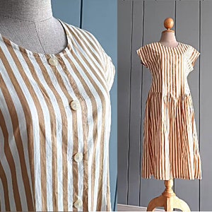 S - M - 70s Pure Cotton Day Dress - Golden Brown Pinstripe Cotton Dress - Vintage Retro Tea Length Dress
