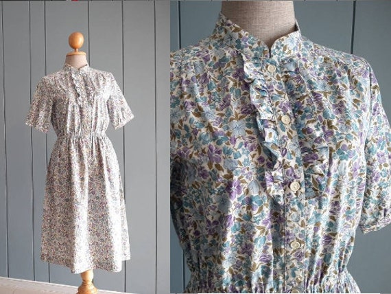 S- M - 70s Pure Cotton Shirtdress - Floral Ruffle… - image 1