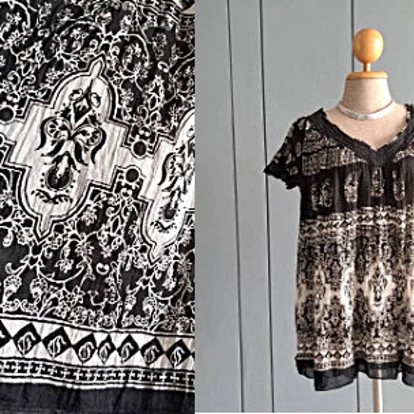 M - L - 90s Summer Indian Cotton Gauze Blouse Top - Boho Hippie Gypsy Ethnic - Black White Block Print Blouse
