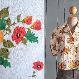 S - 70s Mod Shirt - Short Sleeved Cotton Blouse - Red Orange Floral Print Puff Sleeved Women Blouse Shirt