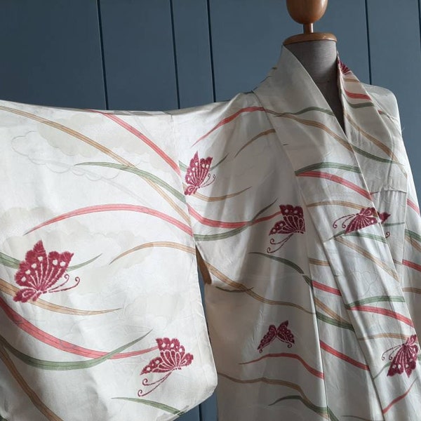 Vintage Silk Kimono Robe - Japanese Vintage - Free Size - Pure Silk Butterfly and Cloud - Spring Kimono