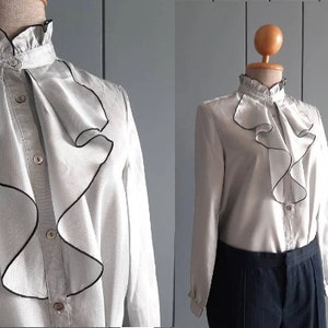 Woman&#39;s Vintage Blouse  - Lustrous 80s Silvery Gray Ruffled Tuxedo Blouse - Secretary Office Career Blouse - Japanese Vintage Blouse