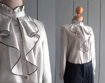 Woman&#39;s Vintage Blouse  - Lustrous 80s Silvery Gray Ruffled Tuxedo Blouse - Secretary Office Career Blouse - Japanese Vintage Blouse
