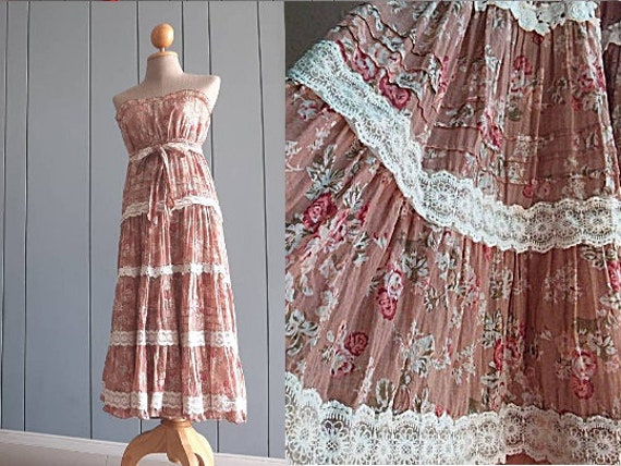 S Bohemian Wedding Dress Bandeau Cotton Gauze Summer Maxi Romantic Rose Print Wedding Dress FREE SHIPPING With Tracking Number Etsy