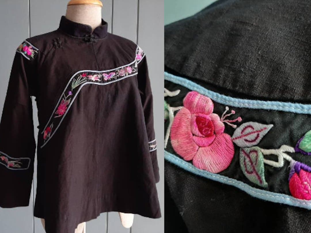 Black Embroidered High Waist Cheongsam Blouse Top