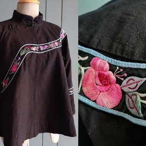 RARE - S - Antique Cheongsam Blouse - Black Chinese Cheongsam Cotton Embroidery Chinese New Year Blouse - Birthday Gift