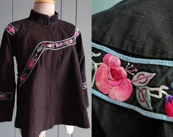 RARE - S - Antique Cheongsam Blouse - Black Chinese Cheongsam Cotton Embroidery Chinese New Year Blouse - Birthday Gift